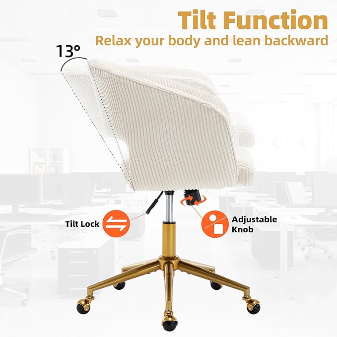 Westice Home Office Desk Chairs, Modern Corduroy Rolling Chair, Height Adjustable Swivel Vanity Chair with Golden Base, Ergonomic Chair for Vanity Study, Living Room Computer Room, Beige
