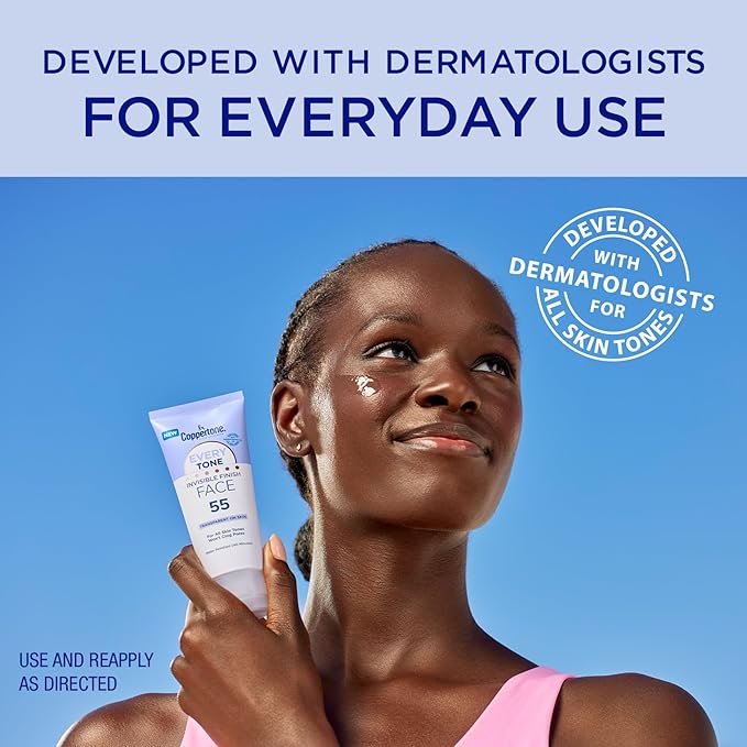 Coppertone Every Tone Invisible Finish Face Sunscreen SPF 55, Lightweight, Blends in Clear Sunscreen for All Skin Tones, 2 Fl Oz Tube (Pack of 2)