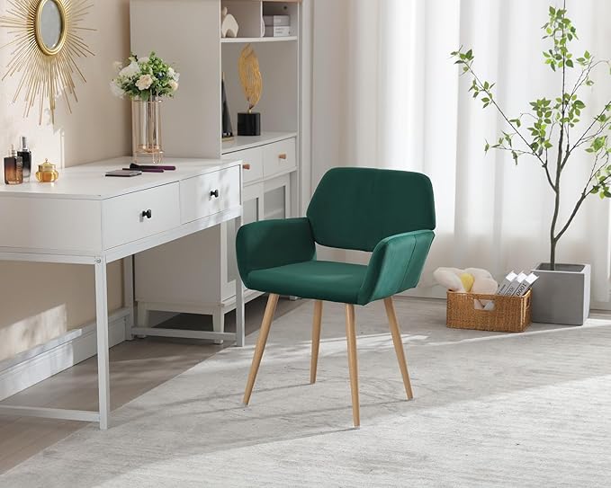 KCC Small Modern Dining Room Arm Chairs 1 Piece, Mid-Century Upholstered Velvet Side Seat Club Guest with Metal Tube Legs for Kitchen, Living Room, Green