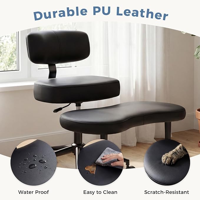 DUMOS Ergonomic ADHD Cross Legged Office Desk Chair with Adjustable Backrest, Height Adjustable Meditation Chair with 360° Swivel Footstool, PU Leather Yoga Stool for Home Office, Black