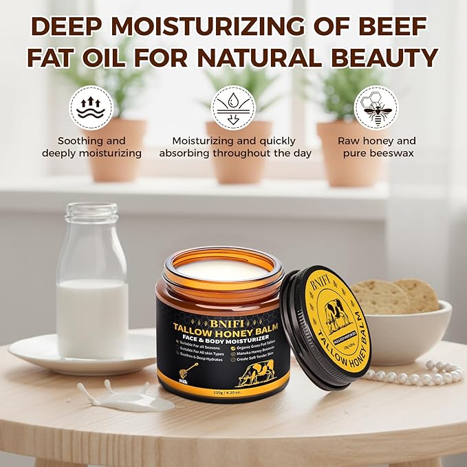 Tallow and Honey Balm for Face Beef Tallow for Skin Organic Grass-Fed Beef Tallow Balm for Face Body Moisturizer (Milk)