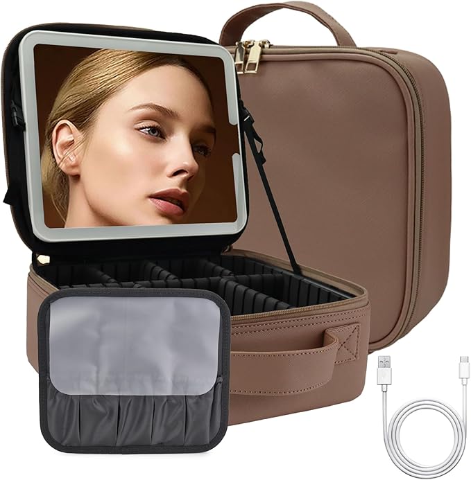 Makeup Bag with Led Mirror,Large Vanity Makeup Cases with 3 Color Setting,Portable Storage and Adjustable Dividers,for Women and Makeup Artists Cosmetic Organizer Travel Makeup Bag-Mocha