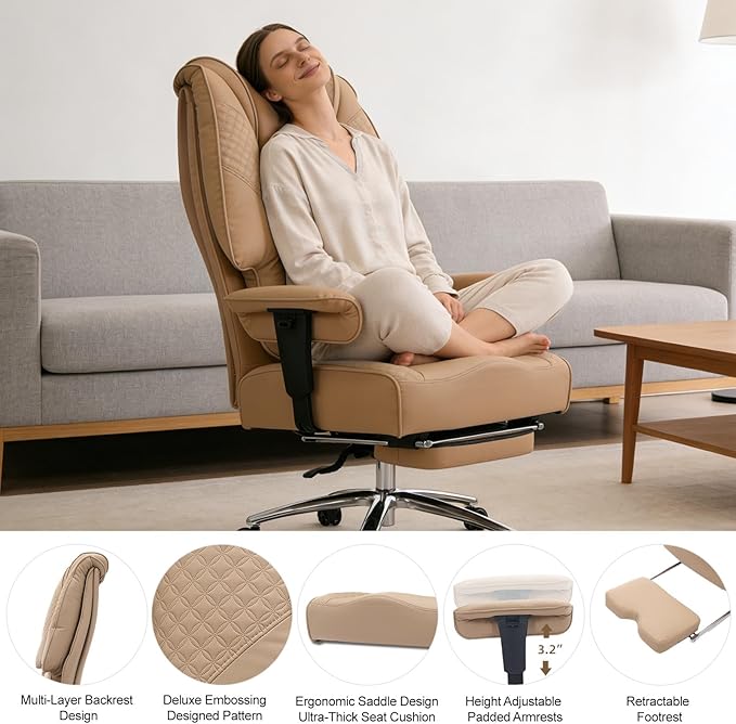 Big and Tall Office Chair 400lbs Wide Seat, Leather High Back Executive Office Chair with Foot Rest, Ergonomic Chairs Lumbar Support for Lower Back Pain Relief, All-Day Comfort (Brown)
