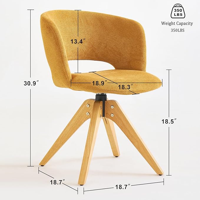 Mid Century Modern Swivel Accent Chair with Solid Wood Legs, Home Office Desk Chair No Wheels, Makeup Chair for Vanity, Upholstered Chair for Bedroom, Yellow