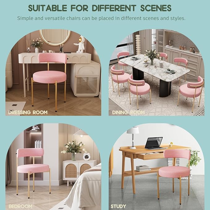 Desk Chair No Wheels Vanity Chair Comfy Accent Chairs for Living Dining Room Bedroom Home Office Mid Century Modern Upholstered Armless Chairs with Metal Legs (Gold Frame+Pink, 2)