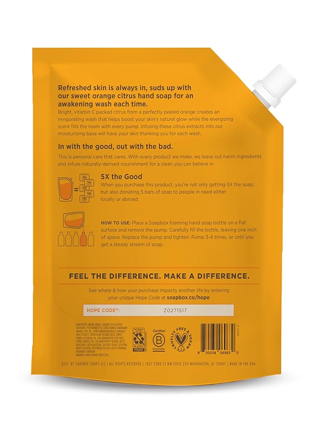 Soapbox Foaming Hand Soap Refill, Sweet Orange Citrus, Gentle & Moisturizing Foaming Hand Wash for Kitchen and Bathroom, Vegan & Cruelty Free, 64oz Half Gallon Refill, Pack of 1