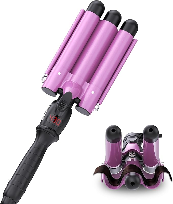 kuwa 15 Variable Temperature Crimper Hair Tool,3 Barrel Curling Iron,Hair Crimper for Women,WaverHair Tool,Hair Waver with LCD Temperature Display