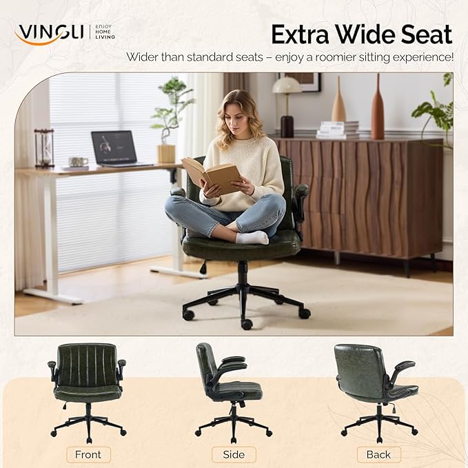 VINGLI Criss Cross Chair with Adjustable Flip-Up Arms,Cross Legged Chair with Wheels, Extra Wide Office Chair,Comfortable Desk Chair for Home Office, Vanity, Bedroom, PU Leather,Dark Green