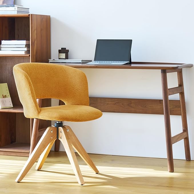 Mid Century Modern Swivel Accent Chair with Solid Wood Legs, Home Office Desk Chair No Wheels, Makeup Chair for Vanity, Upholstered Chair for Bedroom, Yellow