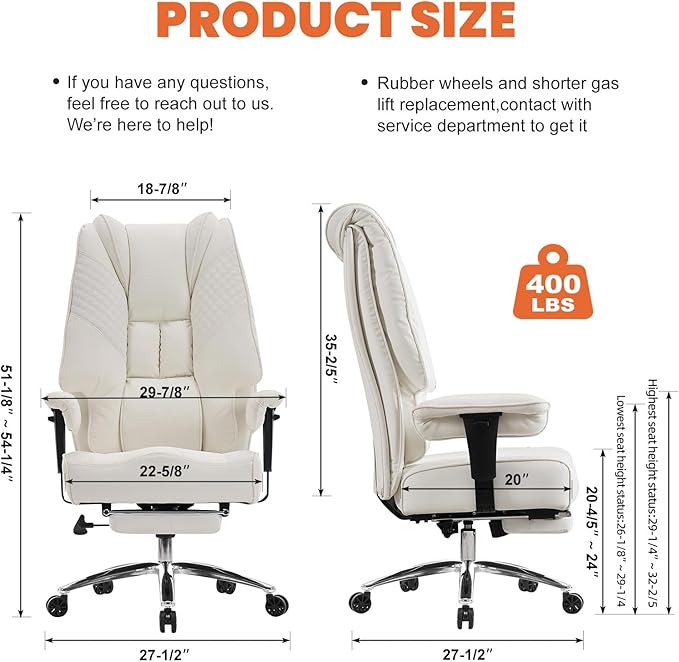 Big and Tall Office Chair 400lbs Wide Seat, Leather High Back Executive Office Chairs with Foot Rest, Ergonomic Lumbar Support for Lower Back Pain Relief (White)