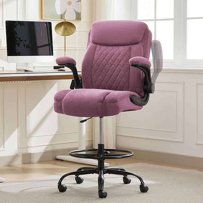 Drafting Chair for Standing Desk – Tall Office Chair with Adjustable Height & Foot Ring, Flip-Up Arms, Lumbar Support – Comfortable Fabric Seat, Ideal Home Desk Chair