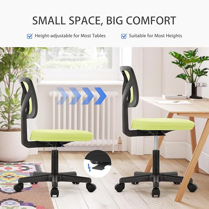 NEWBULIG Home Office Desk Chair, Armless Ergonomic Swivel Computer Chair with Wheels, Adjustable Height and Low-Back Mesh Design, Rolling Chair with Lumbar Support and Comfortable Seat, Green