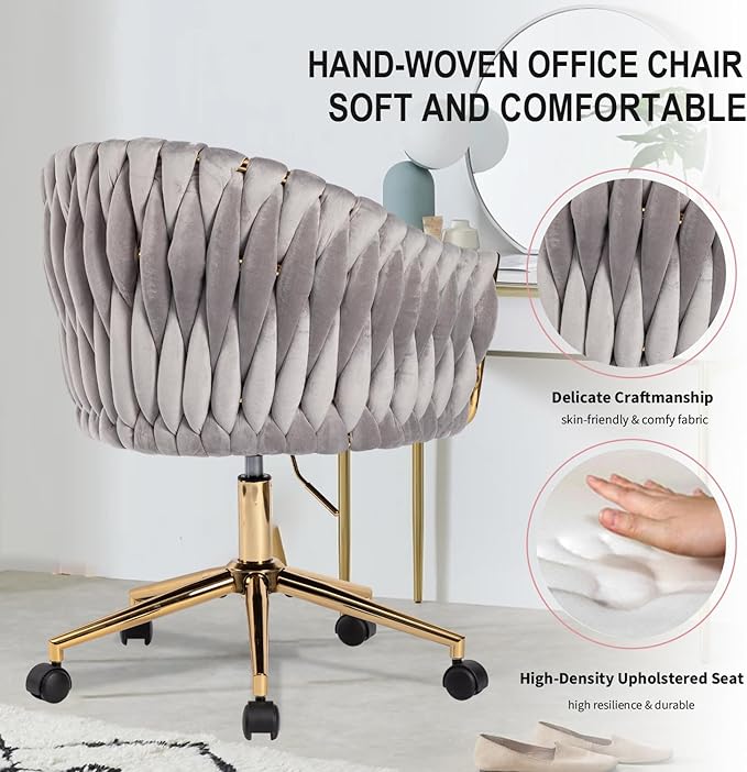 Velvet Office Chair with Hand Woven Back, Vanity Desk Chairs with Golden Wheels, Swivel Home Office Desk Chair, Accent Makeup Desk Chair for Bedroom, Living Room(Grey)