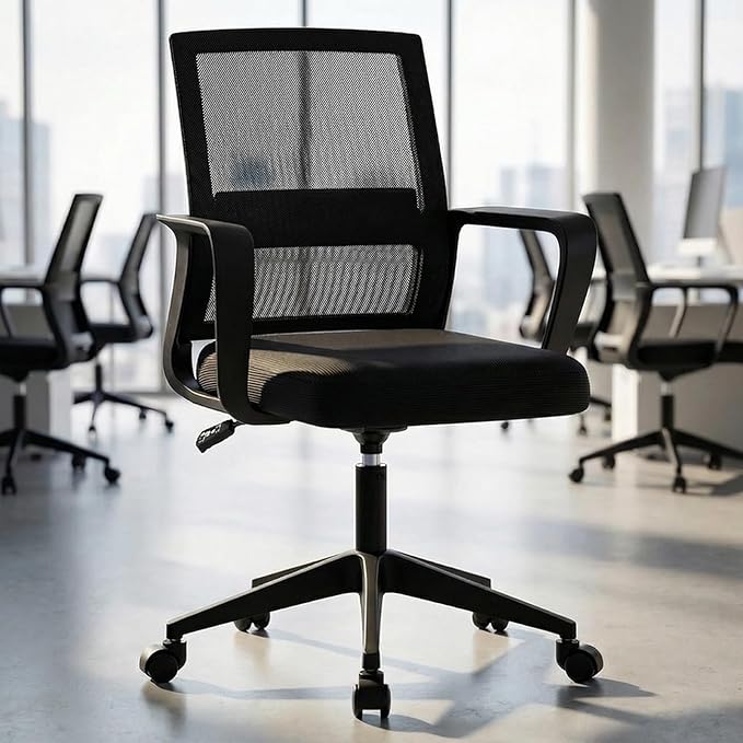 SUKIDA Desk Chair Mesh Office Chair with Upholstery Executive Office Chair with Armrests, Mid-Back Task Chair Height-Adjustable Computer Chair, Black