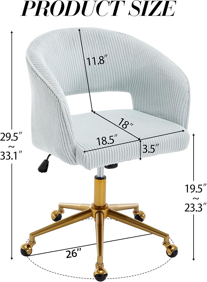 Home Office Chair Swivel Corduroy Fabric Desk Chair Accent Armchair Upholstered Tufted Chairs with Gold Base for Girls Women Ergonomic Study Seat Computer Task Stools for Living Room(Light Blue)