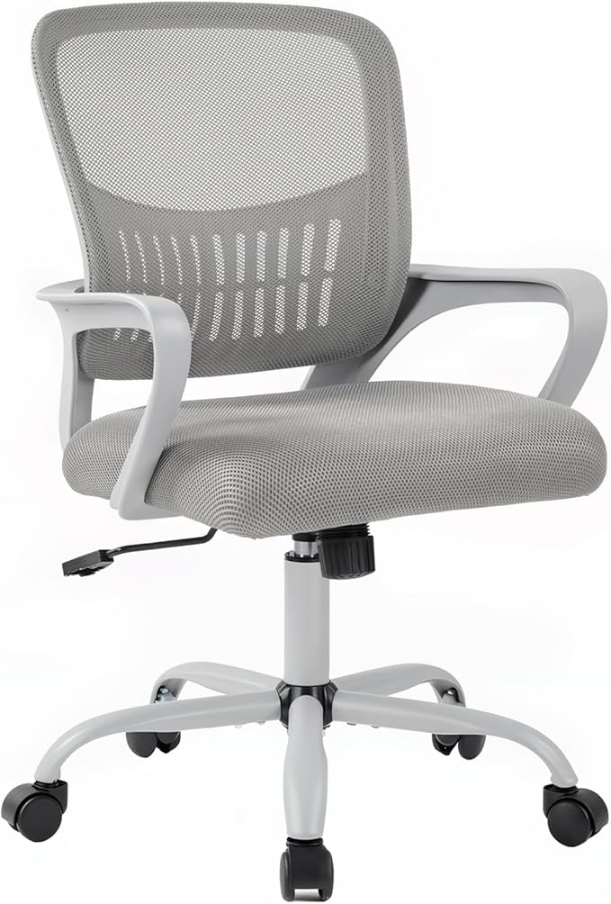 DUMOS Home Office Computer Chair - Ergonomic Mid Back Desk with Lumbar Support and Rocking Mode, Height Adjustable with Fixed Armrest, for Conference Meeting Room, 360° Swivel, Adults, Grey