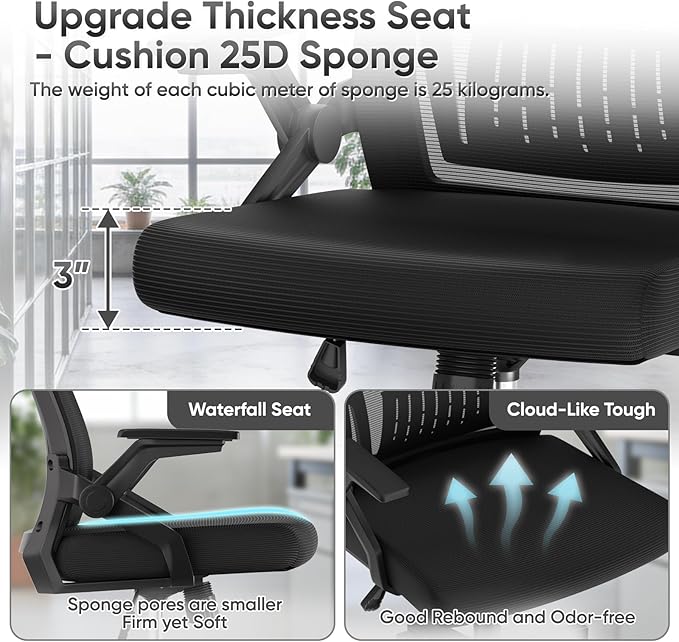Ergonomic Office Chair, High Back Home Desk Chair & Thickness Seat, Flip-Up Armrest, 135° Reclining Tilt Lock, Mesh Back Office Chairs for Man Woman