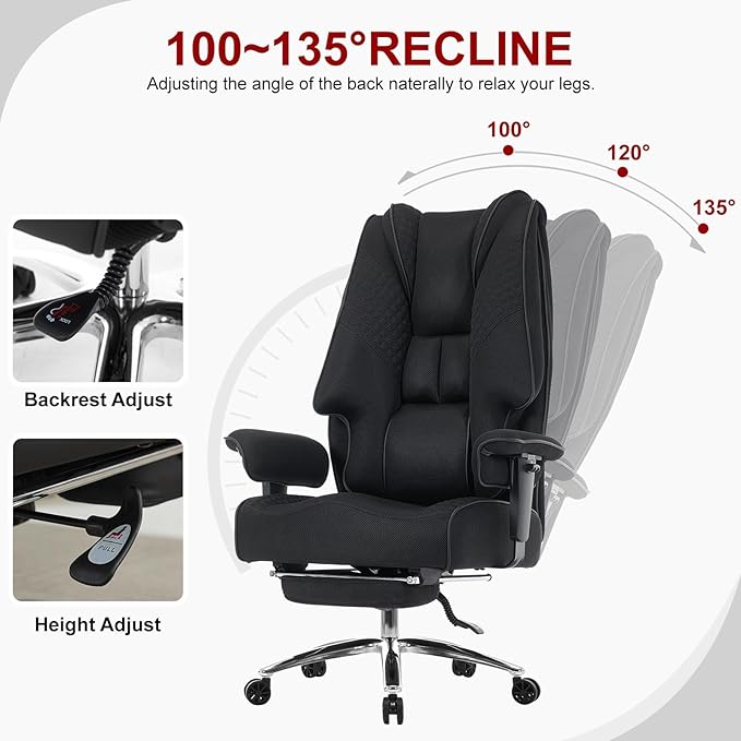 Big and Tall Office Chair 400lbs Wide Seat, Leather High Back Executive Office Chair with Lumbar Support, Ergonomic Chairs Padded Armrests & Thick Cushion (Mesh Dark Black)