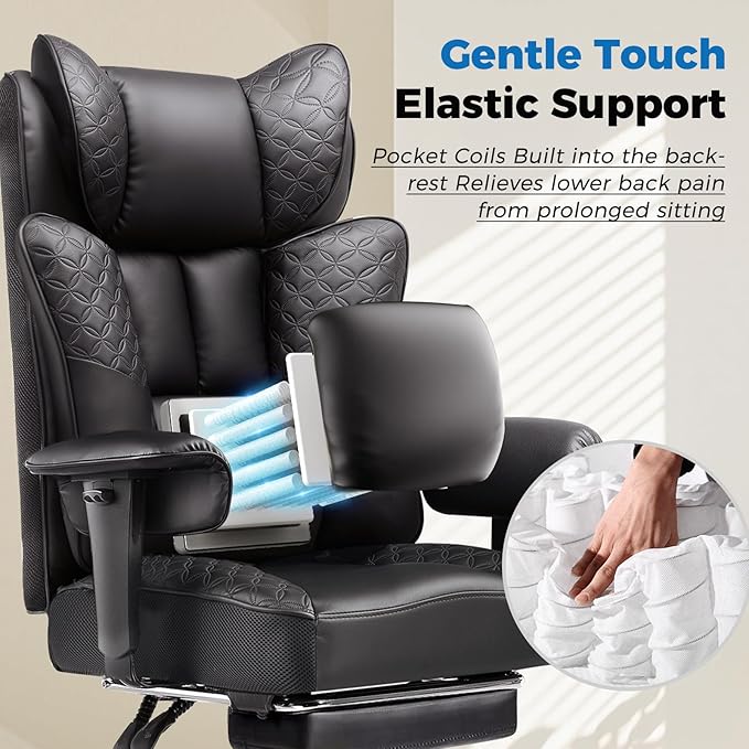 GTPLAYER Big and Tall Office Chair 400LBS Wide Ergonomic Gaming Chair with Deluxe Embossing Designed Leather with Foot Rest,150°Reclining Adjustable Soft Armrests Pocket Spring Back Support and Pillow