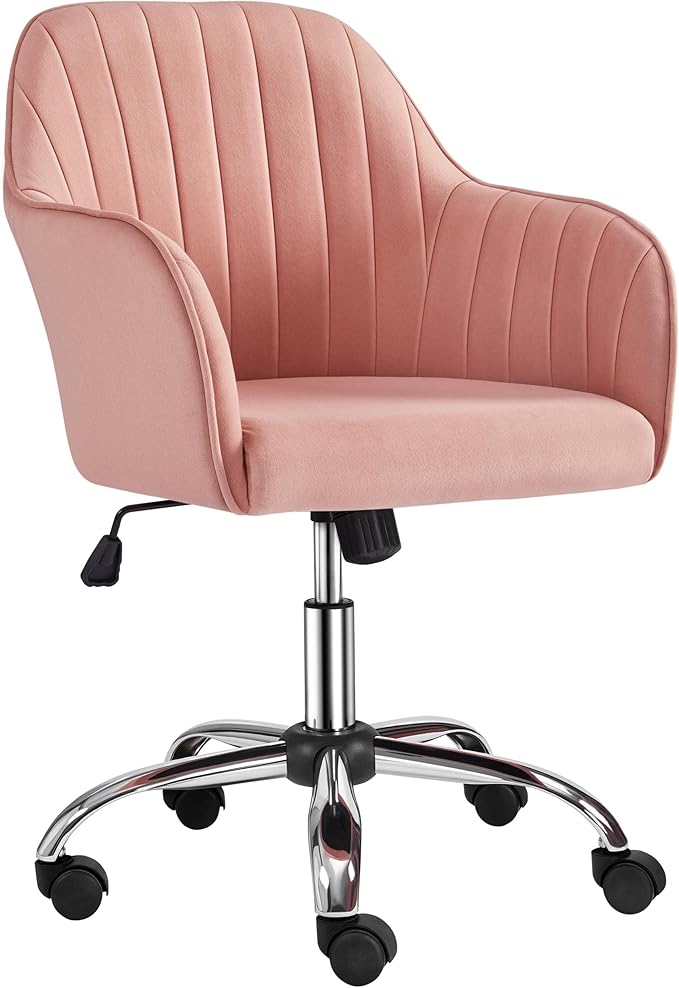 Yaheetech Pink Desk Vanity Chair Comfy Modern Aesthetic Accent Armchair Height Adjustable Swivel Computer Chair for Bedroom or Office