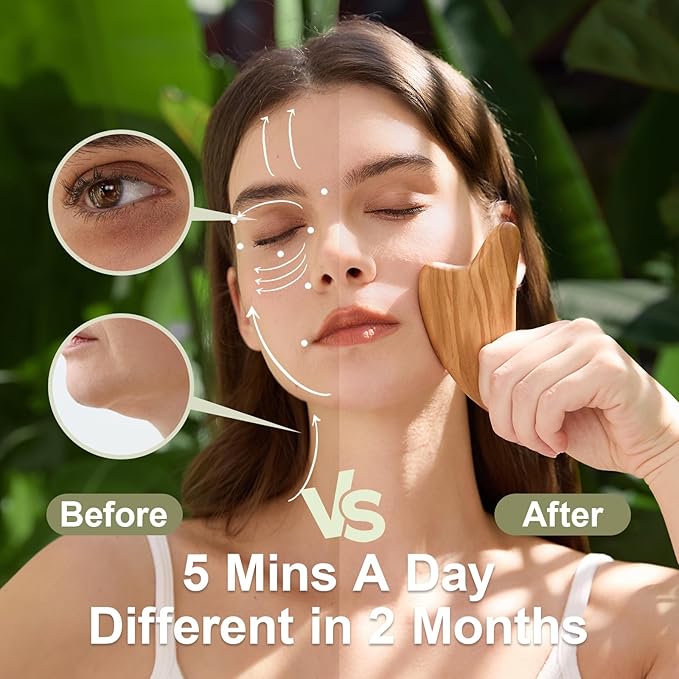 Gua Sha Tool for Face & Body - Natural Olive Wooden Lymphatic Drainage Massager, Facial Massage Tool for Jawline Sculpting & Puffiness Reducing, Skin Care Gift with Satin Pouch