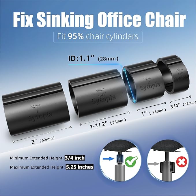 Office Chair Cylinder Replacement - Sytopia Fix Sinking Office Chairs, 4 Pieces Clamps Prevent Office Chair Cylinder from Sinking, up to 5 Inches, No Tools required, Only fits 28mm Piston