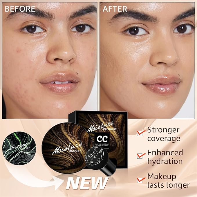 Mushroom Head Air Cushion CC Cream - Tattoo Cover up Makeup Waterproof for Mature Skin Moisturizing Concealer Brighten Long-Lasting, Gold Packaging (Natural, 3.21 Ounce (Pack of 1))