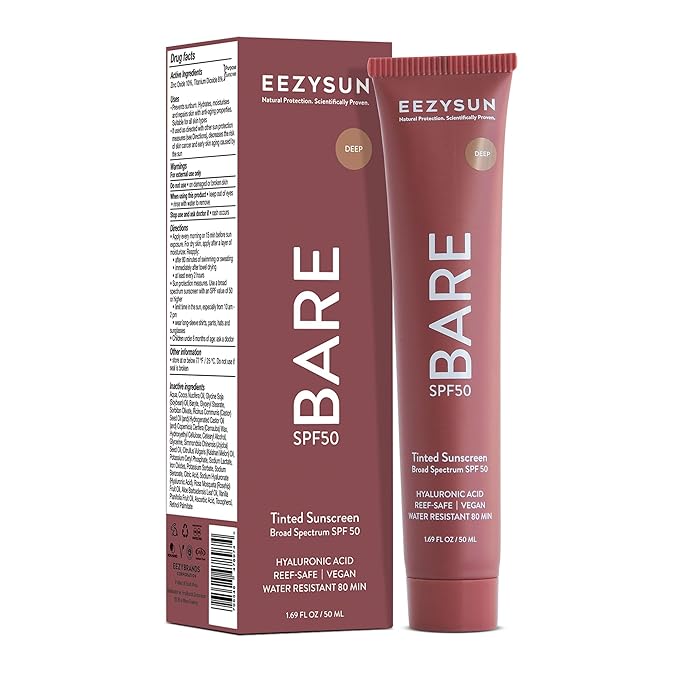 BARE Tinted Sunscreen for Face SPF 50 - Non-Greasy, Weightless, Water-Resistant, Vegan & Reef-Safe Tinted Moisturizer with SPF, Hyaluronic Acid, Jojoba Oil - All Skin Types, 1.69 fl oz - Deep