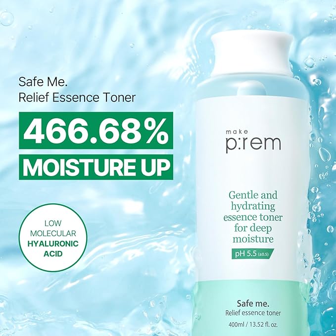 Make P:REM Safe Me. Relief Essence Toner, Quick and Deep Hydrating Face Toner, All Skin Types, 24-Hour Moisturizing, EVE Vegan, Korean Skin Care (13.52 fl oz, 400ml)