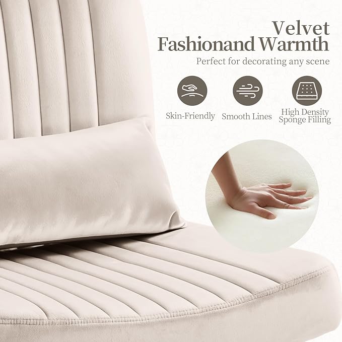Velvet Office Chair, Luxury Criss Cross Chair with Wheels, Comfy Cross Legged Desk Chair for Home Office, Height Adjustable Vanity Chair, Wide Seat Computer Chair, Gift for Girlfriend, Beige