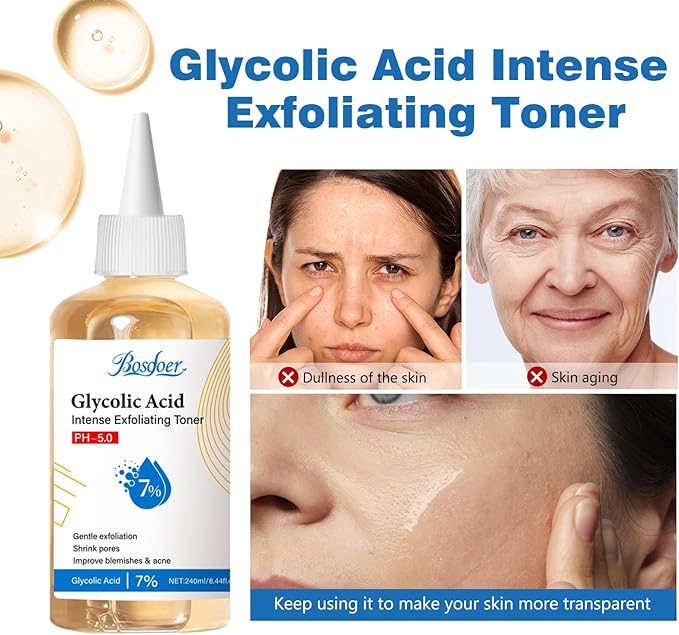 7% Glycolic Exfoliating Acid Toner, Even Skin Tone, Smooth Skin, Unclogs Pores, Gentle Effective Toner with Hydrating Properties for Daily Use