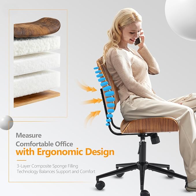 VINGLI Wide Curved Seat&Back Armless Home Office Chair,Ergoromic Adjustable-Height Desk Chair,Swivel&Tilting Function,Stylish Walnut Task Chair for Meeing Room,Dining Room,Vintage Rustic