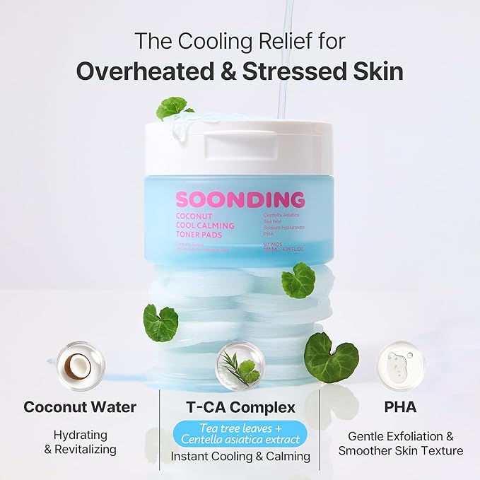 Coconut Cool Calming Toner Pads | Menthol-Free Cooling, Exfoliating & Soothing with Centella, Tea Tree & PHA | Dual-Texture 60 Pads | for All Skin Types | Korean Skin Care