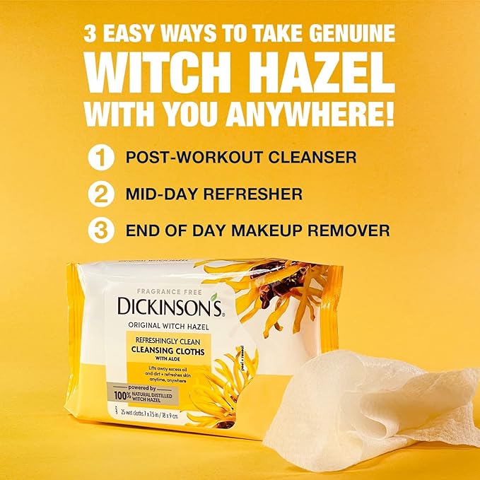 Dickinson's Original Witch Hazel Refreshingly Clean Cleansing Cloths with Aloe, 4 Pack, 25 Cloths per Pack