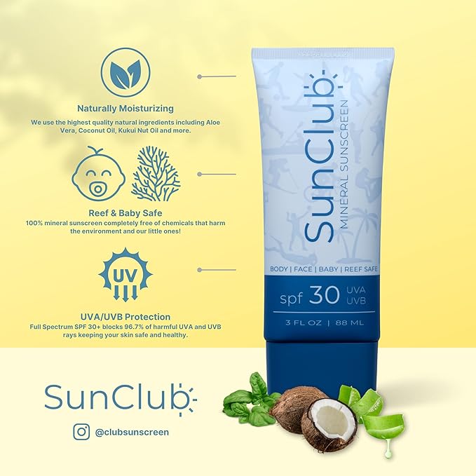 SunClub Natural Mineral Sunscreen with Zinc, Clear Sunblock, SPF 30, Water Resistant, Chemical-Free, Broad Spectrum UVA/UVB, Baby Safe, Reef Safe, Face and Body Safe, Made in USA, 3 oz.