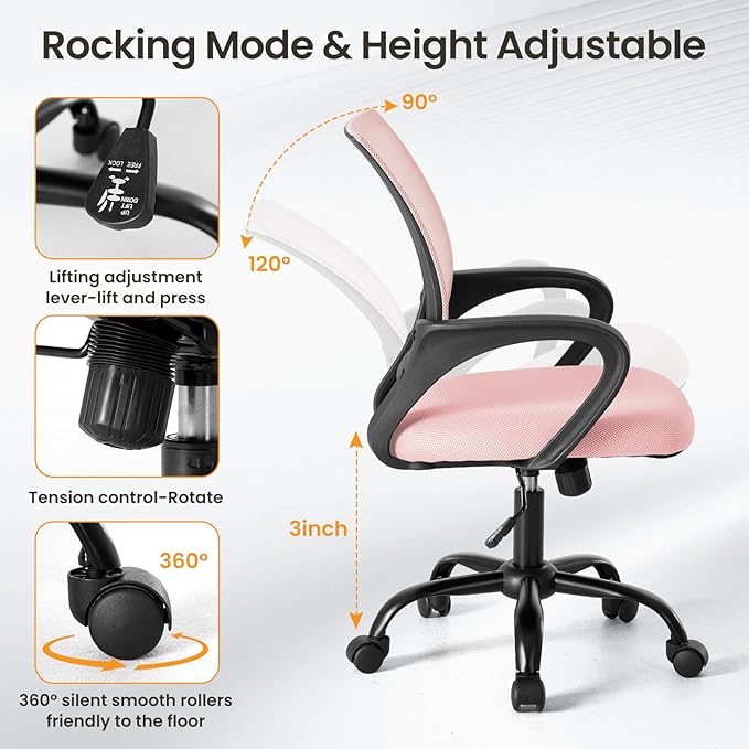 NEWBULIG Computer Desk Office Chair, Ergonomic Mid-Back Swivel Rolling Chair with Breathable Backrest and Lumbar Support Wheels, Pink Chair for Desk Home Height Adjustable, 2 Pack