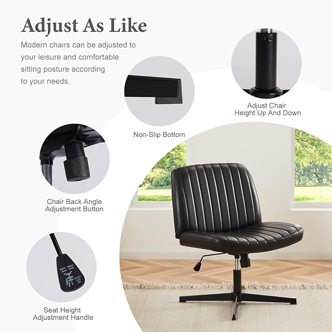Sweetcrispy Criss Cross Chair Legged, Armless Office Wide Desk Chair No Wheels, PU Leather Swivel Vanity Height Adjustable Fabric Modern Computer Task Seating for Home - Black