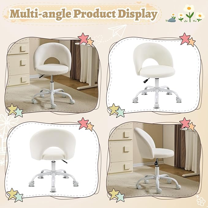 VINGLI Small Vanity Chair with Wheels for Girls.Cute Modern Adjustable Height Armless Office Desk Chair.360°Swivel Comfy Rolling Chair for Study, Make up Room,Small Space,Linen White