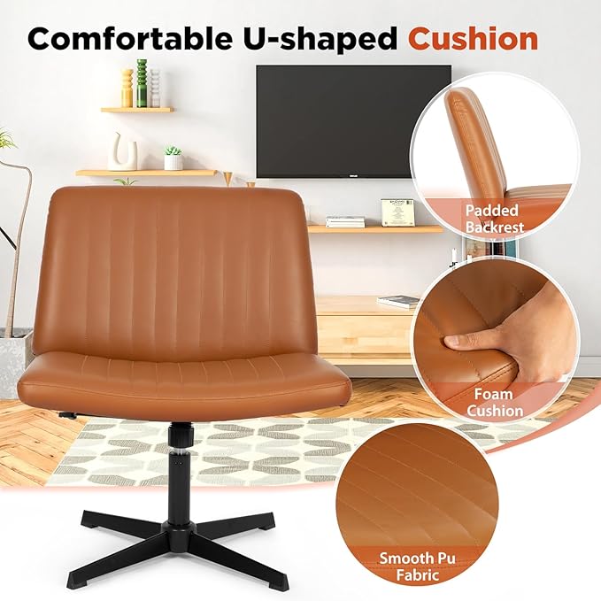 PayLessHere | Criss Cross Chair | Brown | Wide, Armless Desk Chair Without Wheels | 360 Swivel, Height Adjustable & Stable Metal Base | for Office, Home Office, Vanity Seating