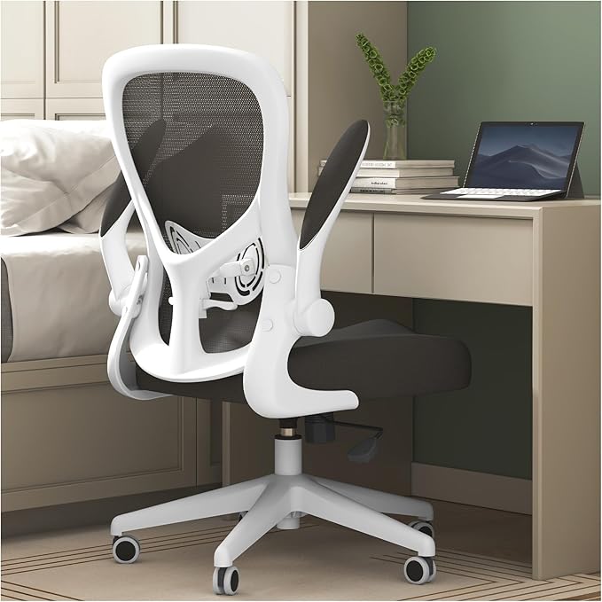 Hbada Office Chair Ergonomic Desk Chair, Office Desk Chairs with PU Silent Wheels, Breathable Mesh Computer Chair with Adjustable Lumbar Support, Flip-up Armrests, Tilt Function, White