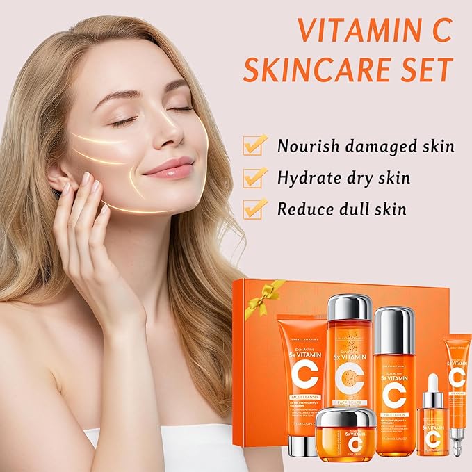 6 Piece Hydrating Skincare Gift Set for Women, Vitamin C Face Care Kit Includes Cleanser, Toner,Serum,Eye Cream,Moisturizer & Body Lotion for Teen Girls Daughter Mother's Day Christmas Birthday Gifts