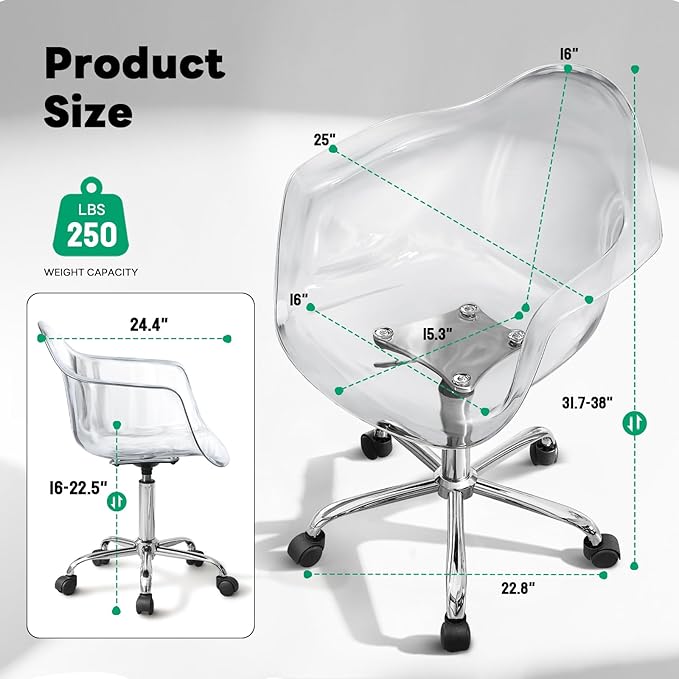 Lessmore Clear Desk Chair, Adjustable Acrylic Home Office Chair with Wheels, Swivel Vanity Rolling Chair Swivel Task Chair for Office, Home, Make Up, Small Space, Bed Room(Silver)