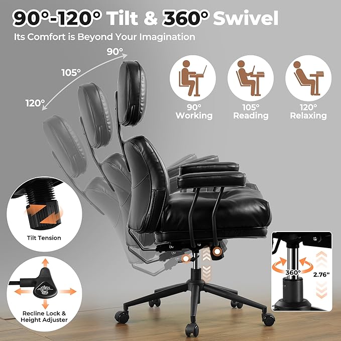 ovios Ergonomic Office Chair, High Back Faux Leather Executive Chairs with Thick Cushion, Comfy Mid-Century Modern Swivel Rolling Computer Armchair (Black, PU Leather)