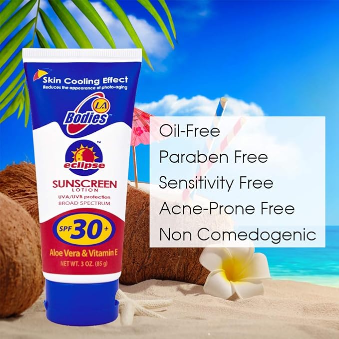 Sunscreen Moisturizing Face & Body Lotion (SPF 30) w/Aloe Vera for Cooling Sensation | Works with Acne Prone Skin | UVA UVB Protection Sunblock | 3oz | 3 Pack