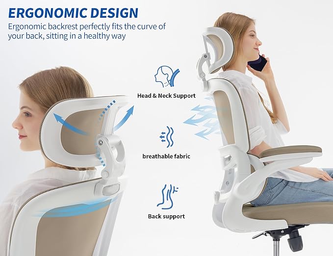TRALT Ergonomic Office Chair - Desk Chair with Adjustable Headrest Lumbar Support Computer Chair - Mesh Comfy Chair with Flip-up Armrests - Gaming Chairs for Adults Home Office (PU Leather,Khaki)