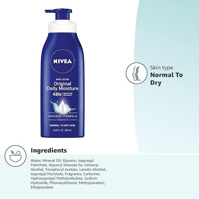 NIVEA Original Moisture Body Lotion with Vitamin E,48-Hour Body Moisturizer for Normal to Dry Skin,16.9 Fl Oz Pump Bottle,(Pack of 2)