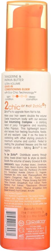 GIOVANNI 2chic Ultra-Volume Leave-In Conditioning & Styling Elixir - Builds Volume, Promotes Weightless Control for Fine/Thin Hair, Volumizing Formula with Papaya & Tangerine Butter, Color Safe - 4 oz
