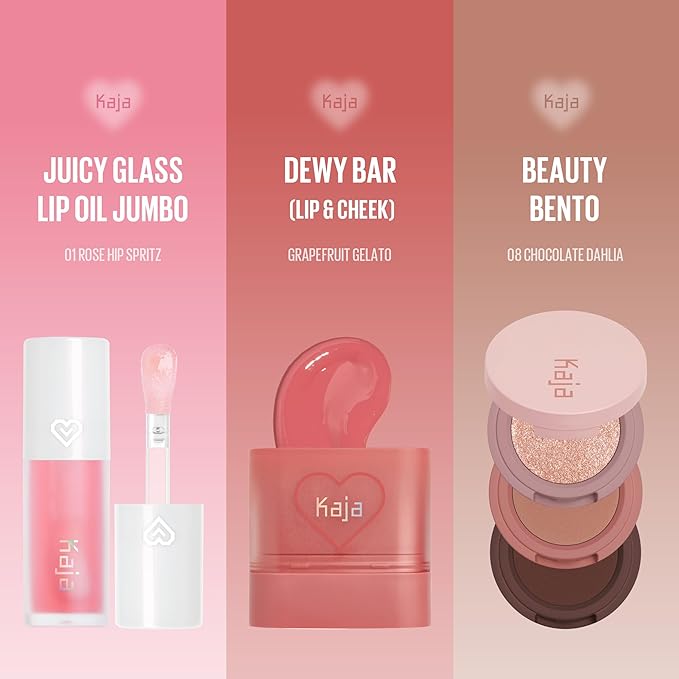 KAJA Heart & Seoul Best of Kaja Eye, Cheek & Lip Set - Includes Jumbo-Sized Plumping Lip Oil Gloss, Cheek & Lip Blush Dewy Bar & 3-Color Beauty Bento Eyeshadow Palette - Face Makeup Women Gift Set