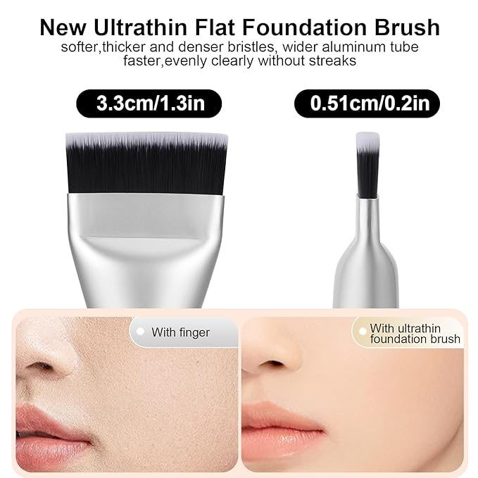 Flat Foundation Brush and Powder Puff Set, Korean Makeup Brush Teardrop Sponge for Liquid Foundation,Premium Face Makeup Brush Sponge for Blending Cream Setting Powder