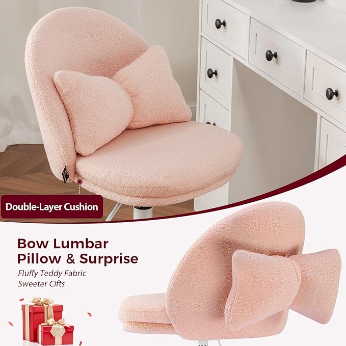 GTPLAYER Velvet Tall Office Chair with Wheels Vanity Chairs with Back, Versatile Height Use: Office to Bar Stools Small Ergonomic Comfy Armlees Computer Desk Chair with Bow Lumbar Pillow for Gift